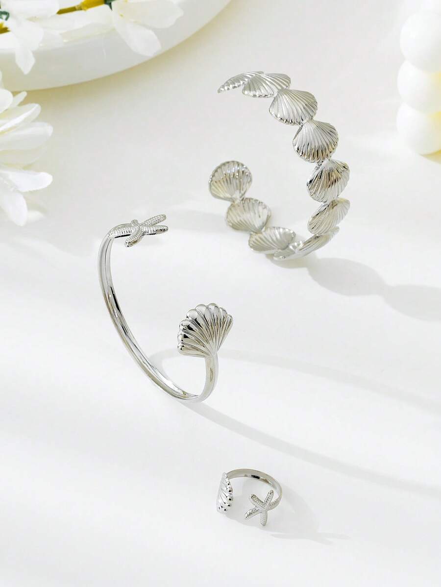 Fashionable Ocean Style Starfish and Shell Bracelet & Ring Set for Women – Minimalist Adjustable Jewelry, Perfect Gift for Holidays, Beach Travel, Summer Outfits, and Casual Everyday Wear