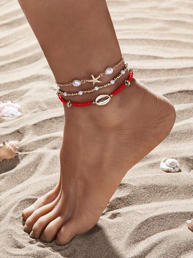 Beachy Metal Anklet Set with Starfish & Shell Beads for Women, Glass Summer Accessories – Ideal for gifting, travel accessories, romantic occasions, casual style, or everyday use with elegant minimalist charm.