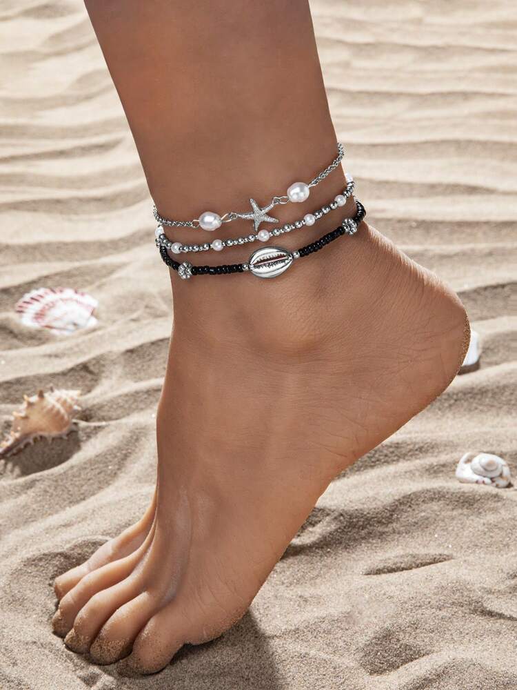 Beachy Metal Anklet Set with Starfish & Shell Beads for Women, Glass Summer Accessories – Ideal for gifting, travel accessories, romantic occasions, casual style, or everyday use with elegant minimalist charm.
