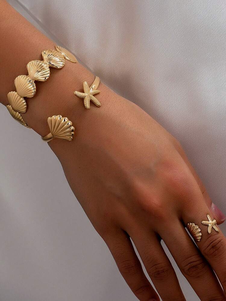 Fashionable Ocean Style Starfish and Shell Bracelet & Ring Set for Women – Minimalist Adjustable Jewelry, Perfect Gift for Holidays, Beach Travel, Summer Outfits, and Casual Everyday Wear