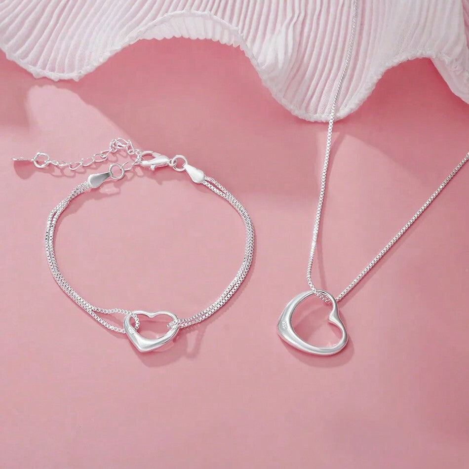 2pcs Elegant 925 Sterling Silver Heart Necklace and Bracelet Set for Women – Fashion Jewelry Gift for Thanksgiving, Weddings, Engagements, Parties, Anniversaries, and All-Season Everyday Wear