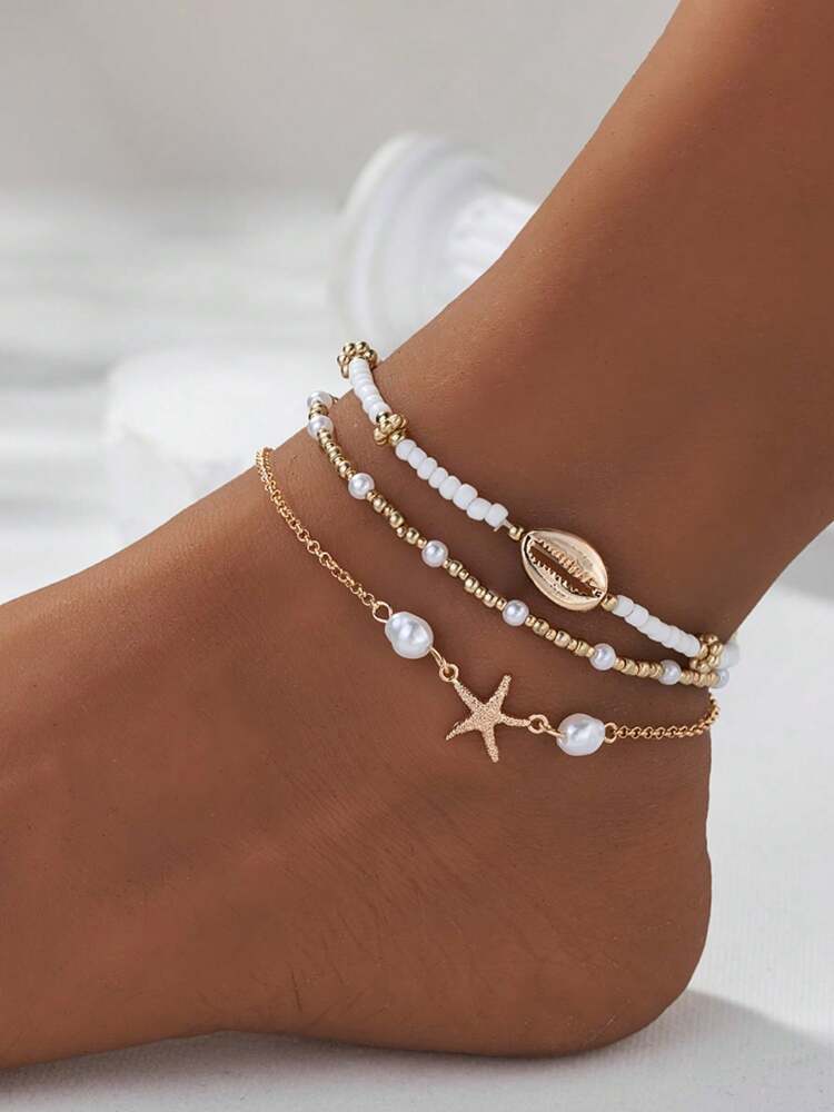 Beachy Metal Anklet Set with Starfish & Shell Beads for Women, Glass Summer Accessories – Ideal for gifting, travel accessories, romantic occasions, casual style, or everyday use with elegant minimalist charm.