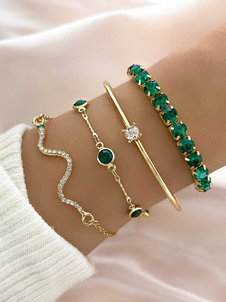 Rhinestone Snake Shaped Bracelet Set with 4pcs Green Chain Design & Varied Stones – Ideal for gifting, travel accessories, romantic occasions, casual style, or everyday use with elegant minimalist charm.