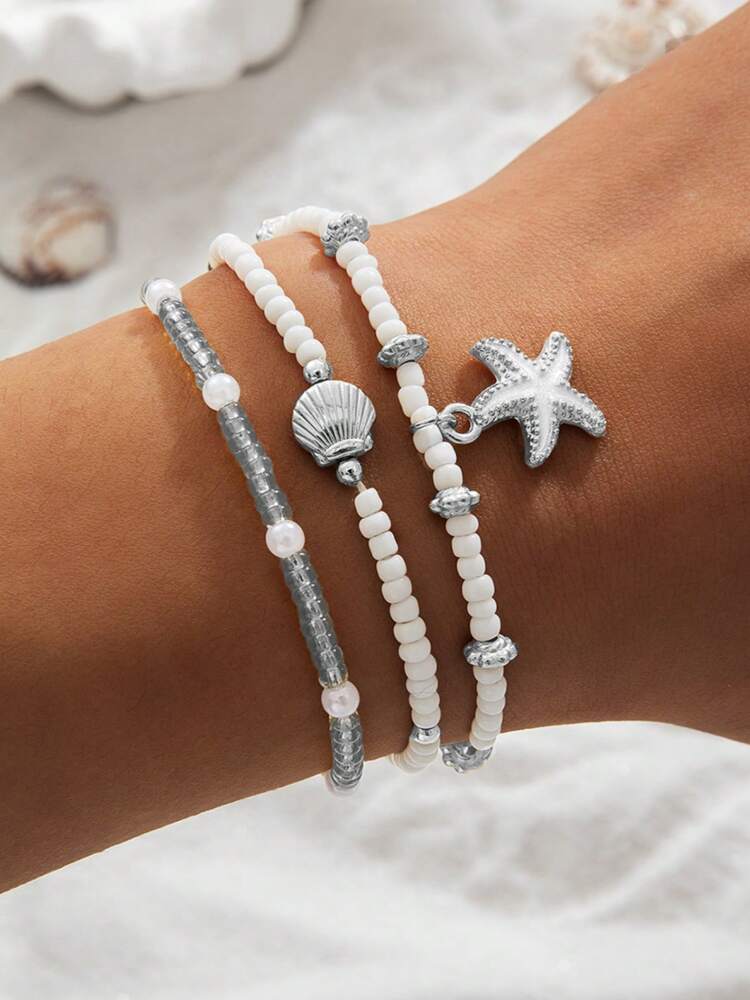 Beachy Metal Anklet Set with Starfish & Shell Beads for Women, Glass Summer Accessories – Ideal for gifting, travel accessories, romantic occasions, casual style, or everyday use with elegant minimalist charm.