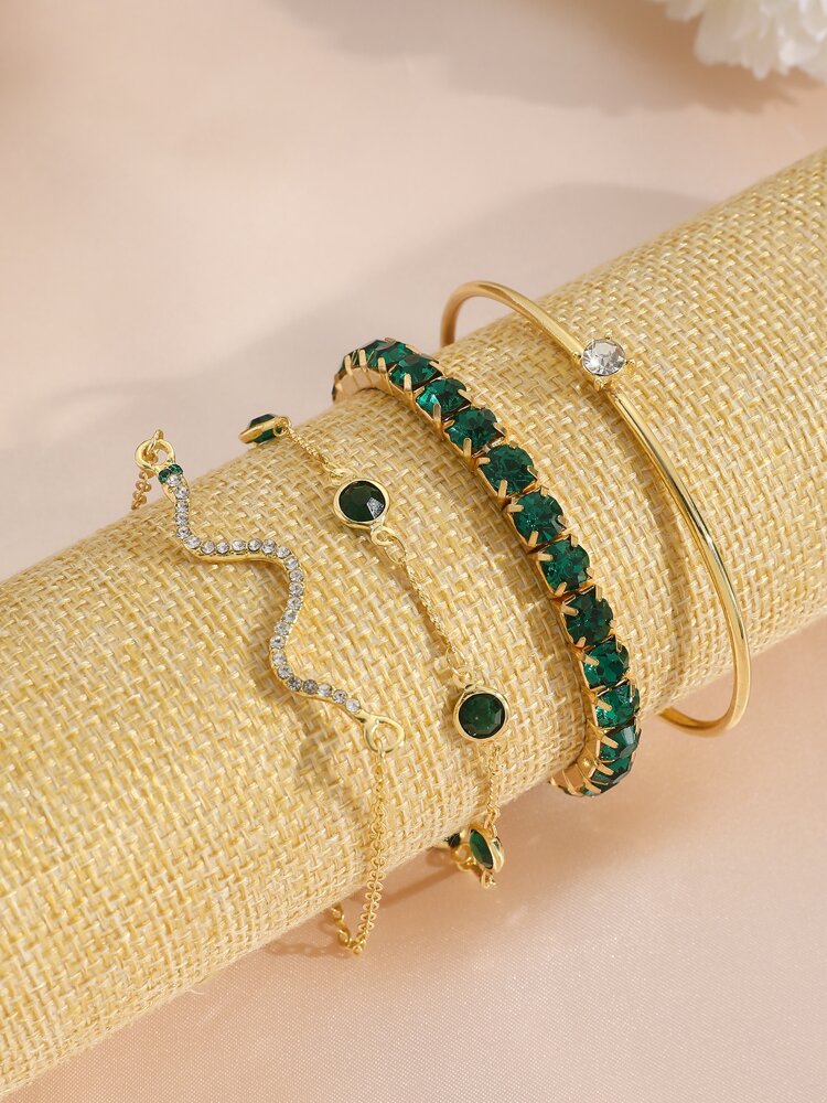 Rhinestone Snake Shaped Bracelet Set with 4pcs Green Chain Design & Varied Stones – Ideal for gifting, travel accessories, romantic occasions, casual style, or everyday use with elegant minimalist charm.