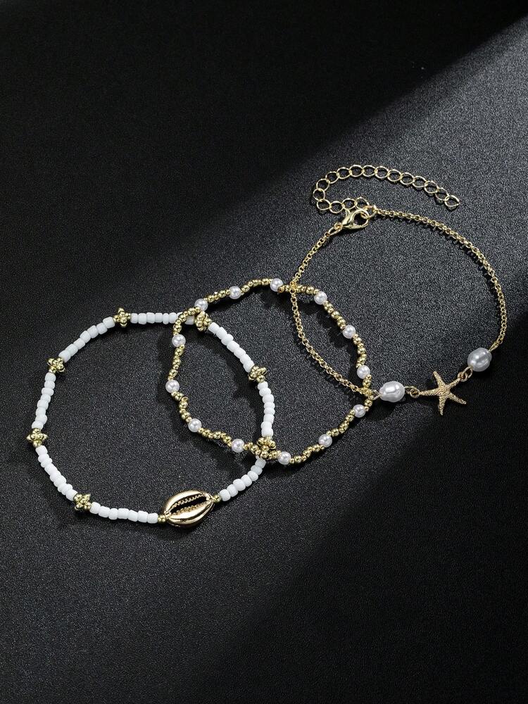 Beachy Metal Anklet Set with Starfish & Shell Beads for Women, Glass Summer Accessories – Ideal for gifting, travel accessories, romantic occasions, casual style, or everyday use with elegant minimalist charm.