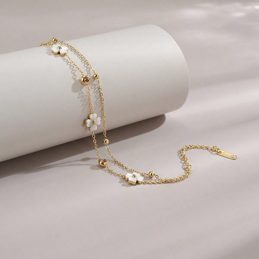 Four Leaf Flower and Natural Seashell Stainless Steel Anklet for Women – Elegant Beachwear Jewelry, Perfect for Summer Outfits, Valentine’s Day, Mother’s Day, and Thoughtful Gifts for Mom or Her