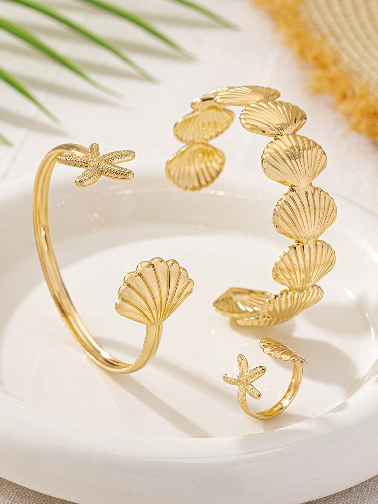 Fashionable Ocean Style Starfish and Shell Bracelet & Ring Set for Women – Minimalist Adjustable Jewelry, Perfect Gift for Holidays, Beach Travel, Summer Outfits, and Casual Everyday Wear