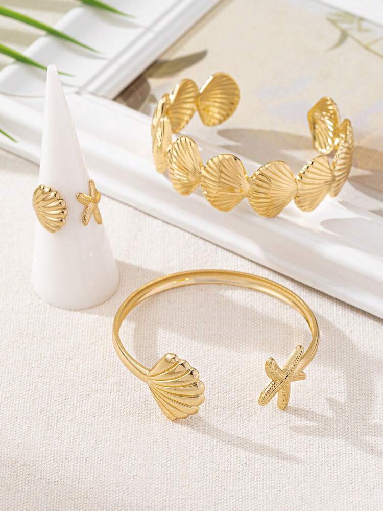 Fashionable Ocean Style Starfish and Shell Bracelet & Ring Set for Women – Minimalist Adjustable Jewelry, Perfect Gift for Holidays, Beach Travel, Summer Outfits, and Casual Everyday Wear