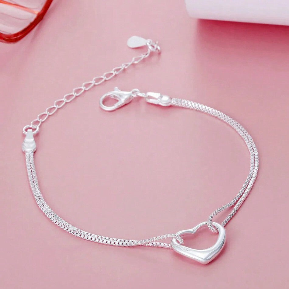 2pcs Elegant 925 Sterling Silver Heart Necklace and Bracelet Set for Women – Fashion Jewelry Gift for Thanksgiving, Weddings, Engagements, Parties, Anniversaries, and All-Season Everyday Wear