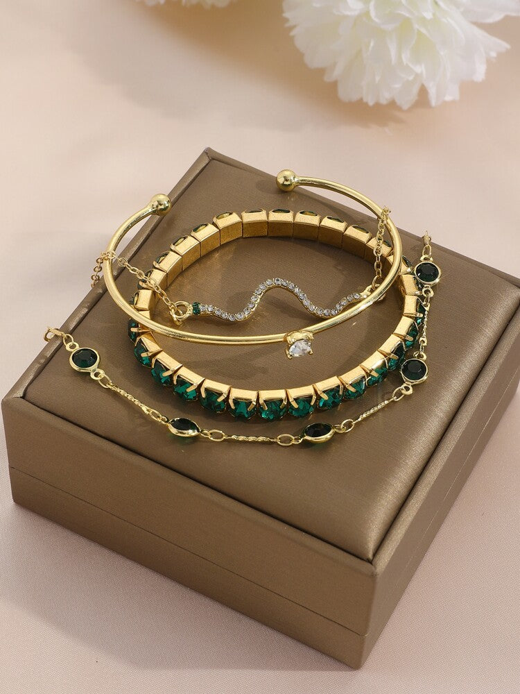 Rhinestone Snake Shaped Bracelet Set with 4pcs Green Chain Design & Varied Stones – Ideal for gifting, travel accessories, romantic occasions, casual style, or everyday use with elegant minimalist charm.