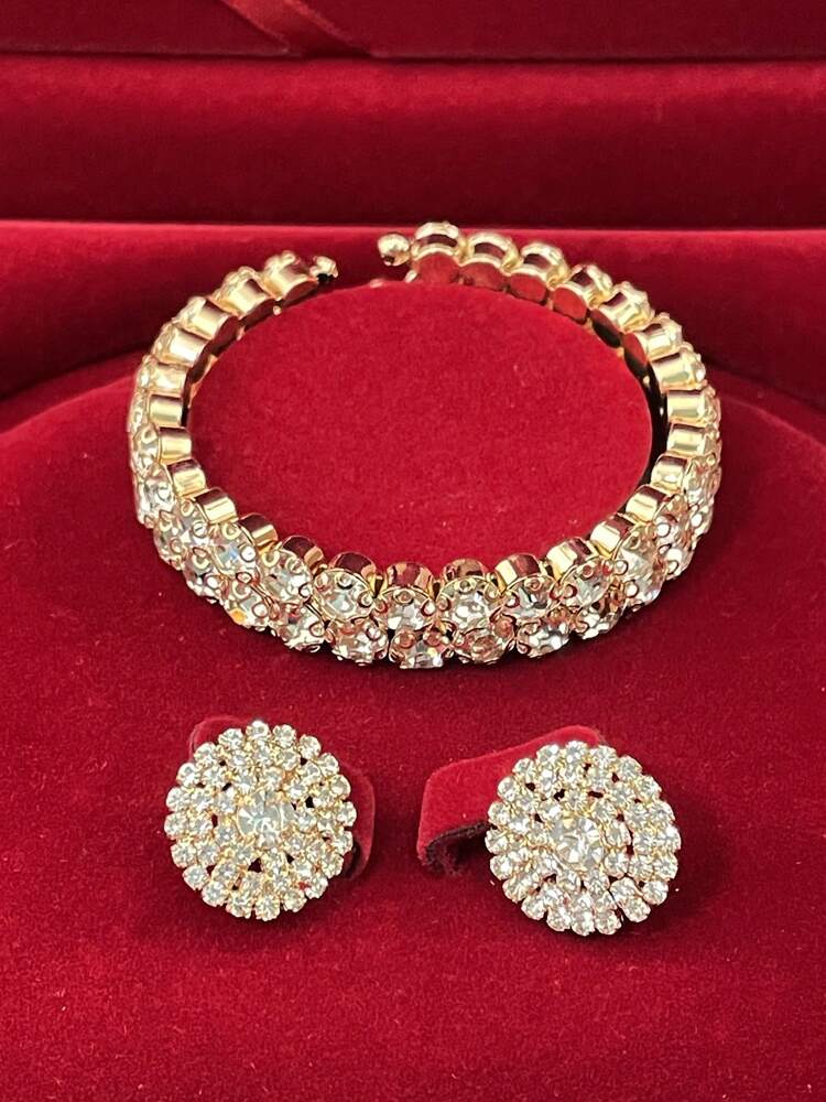 3pcs Bling Rhinestone Jewelry Set for Women – Multi-Layer Necklace, Earrings, Bracelet, and Choker Set, Perfect Bridal Wedding Accessory and Elegant Gift for Brides, Parties, and Special Occasions