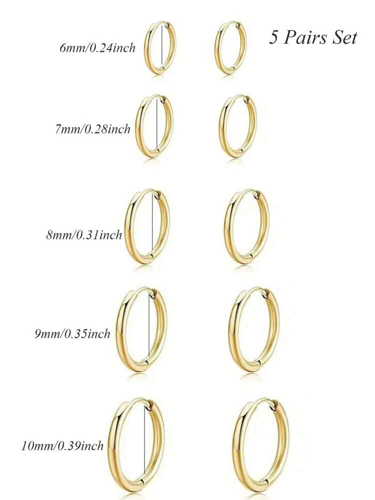 5 Pairs 14K Gold Plated Huggie Hoop Earrings for Women – Lightweight Stainless Steel, Hypoallergenic Small Thin Hinged Hoops Perfect for Lobe, Cartilage, Helix, and Multiple Piercings, Everyday Stylish Jewelry