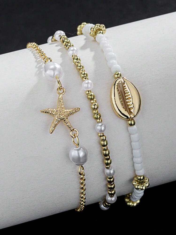 Beachy Metal Anklet Set with Starfish & Shell Beads for Women, Glass Summer Accessories – Ideal for gifting, travel accessories, romantic occasions, casual style, or everyday use with elegant minimalist charm.