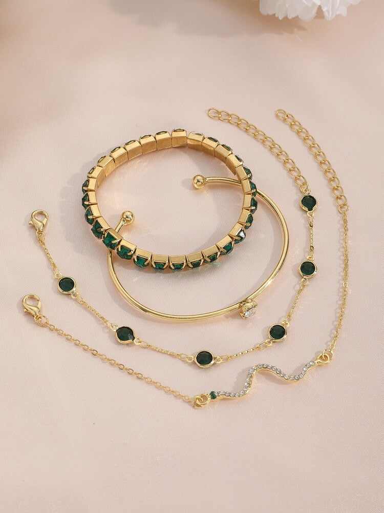 Rhinestone Snake Shaped Bracelet Set with 4pcs Green Chain Design & Varied Stones – Ideal for gifting, travel accessories, romantic occasions, casual style, or everyday use with elegant minimalist charm.