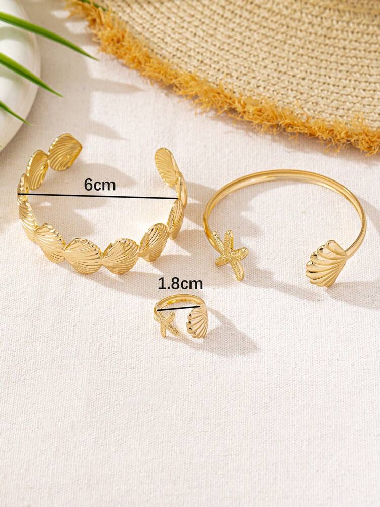 Fashionable Ocean Style Starfish and Shell Bracelet & Ring Set for Women – Minimalist Adjustable Jewelry, Perfect Gift for Holidays, Beach Travel, Summer Outfits, and Casual Everyday Wear