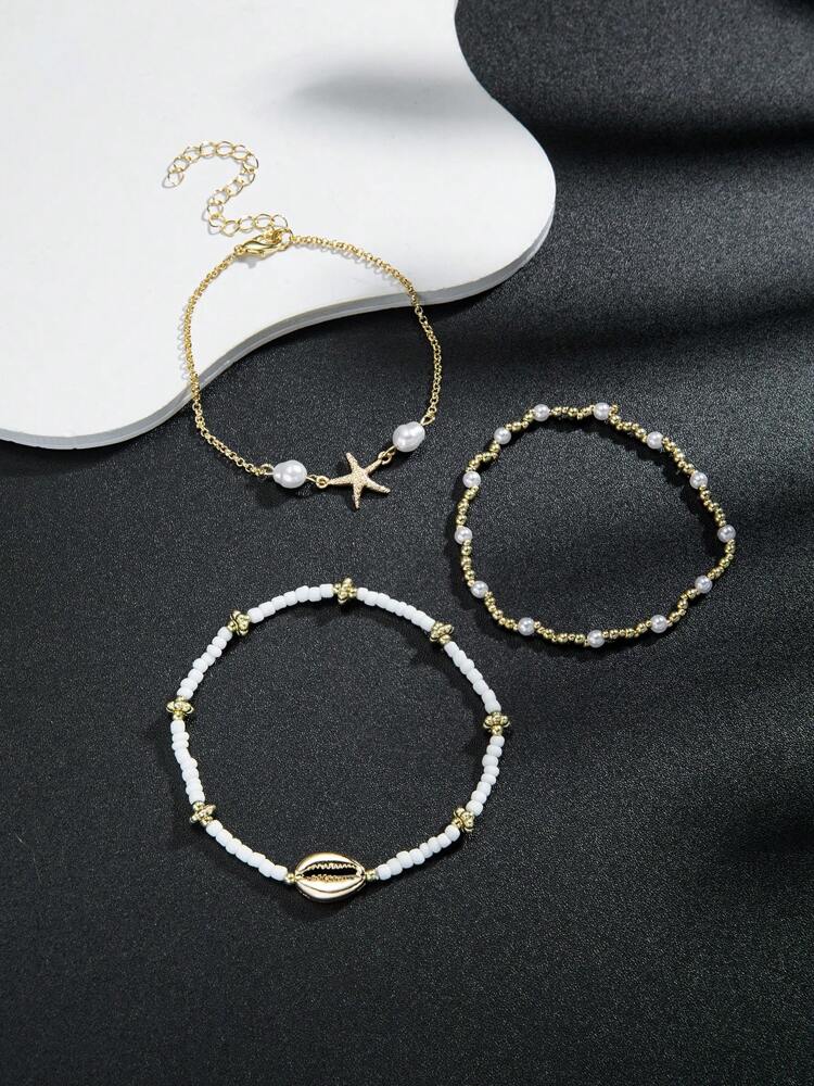 Beachy Metal Anklet Set with Starfish & Shell Beads for Women, Glass Summer Accessories – Ideal for gifting, travel accessories, romantic occasions, casual style, or everyday use with elegant minimalist charm.