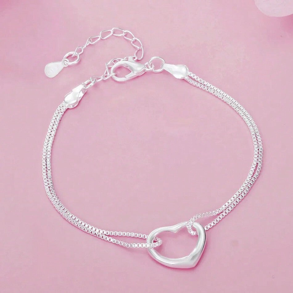 2pcs Elegant 925 Sterling Silver Heart Necklace and Bracelet Set for Women – Fashion Jewelry Gift for Thanksgiving, Weddings, Engagements, Parties, Anniversaries, and All-Season Everyday Wear