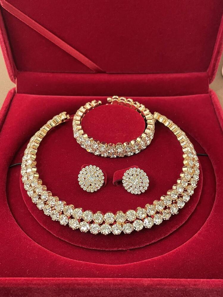 3pcs Bling Rhinestone Jewelry Set for Women – Multi-Layer Necklace, Earrings, Bracelet, and Choker Set, Perfect Bridal Wedding Accessory and Elegant Gift for Brides, Parties, and Special Occasions