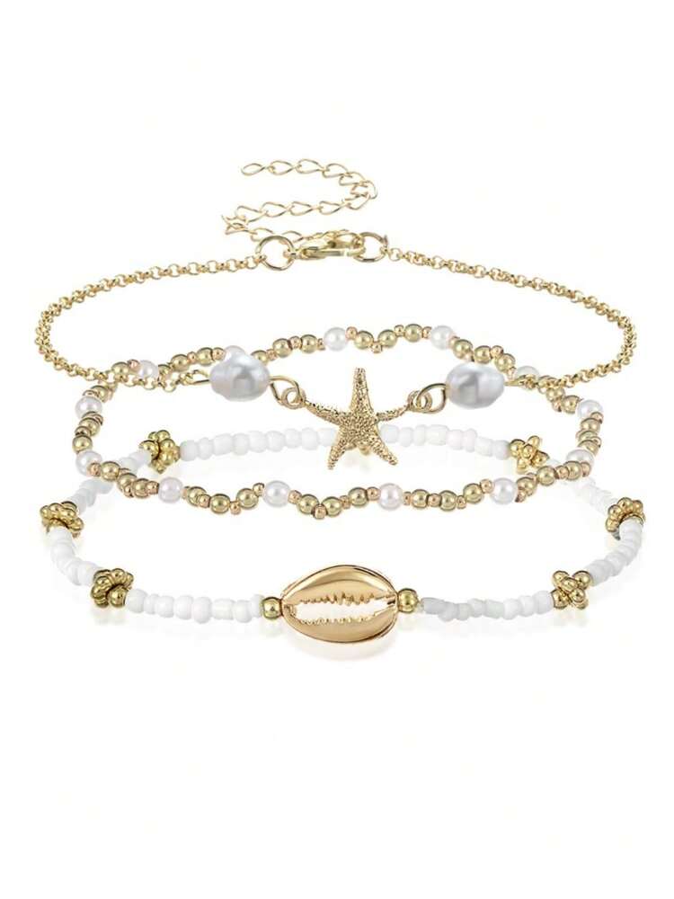 Beachy Metal Anklet Set with Starfish & Shell Beads for Women, Glass Summer Accessories – Ideal for gifting, travel accessories, romantic occasions, casual style, or everyday use with elegant minimalist charm.