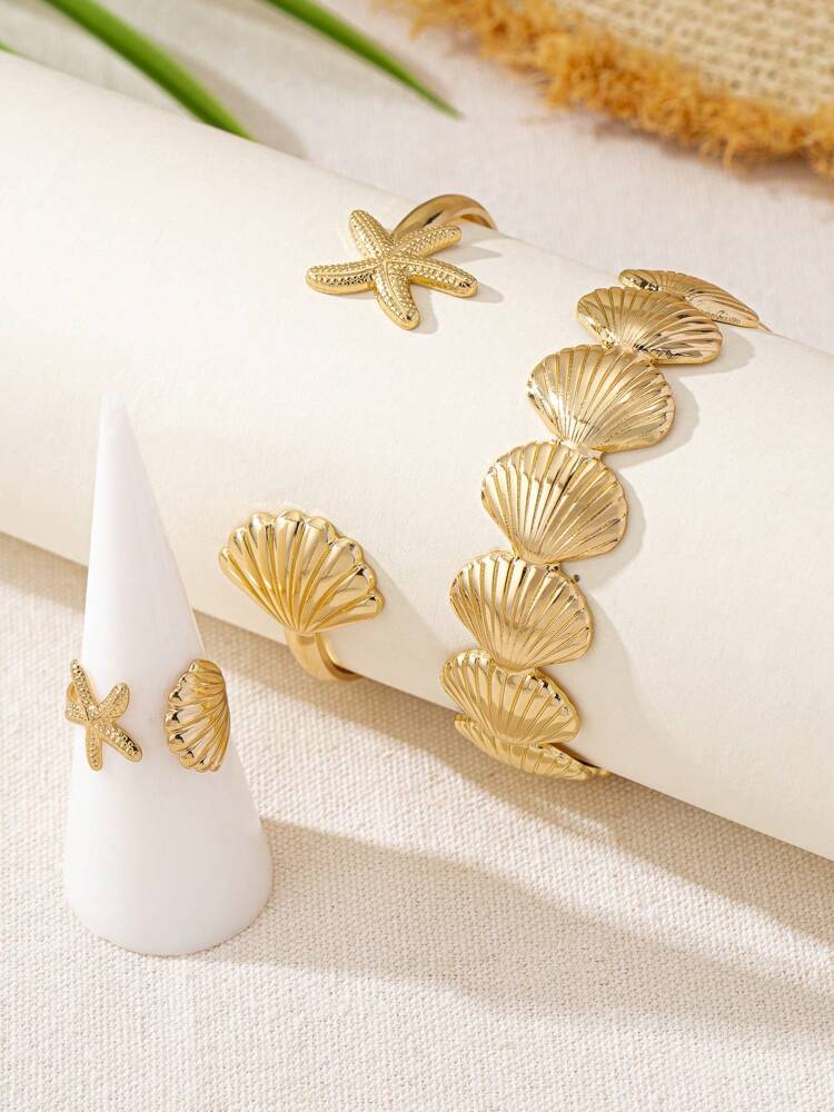 Fashionable Ocean Style Starfish and Shell Bracelet & Ring Set for Women – Minimalist Adjustable Jewelry, Perfect Gift for Holidays, Beach Travel, Summer Outfits, and Casual Everyday Wear