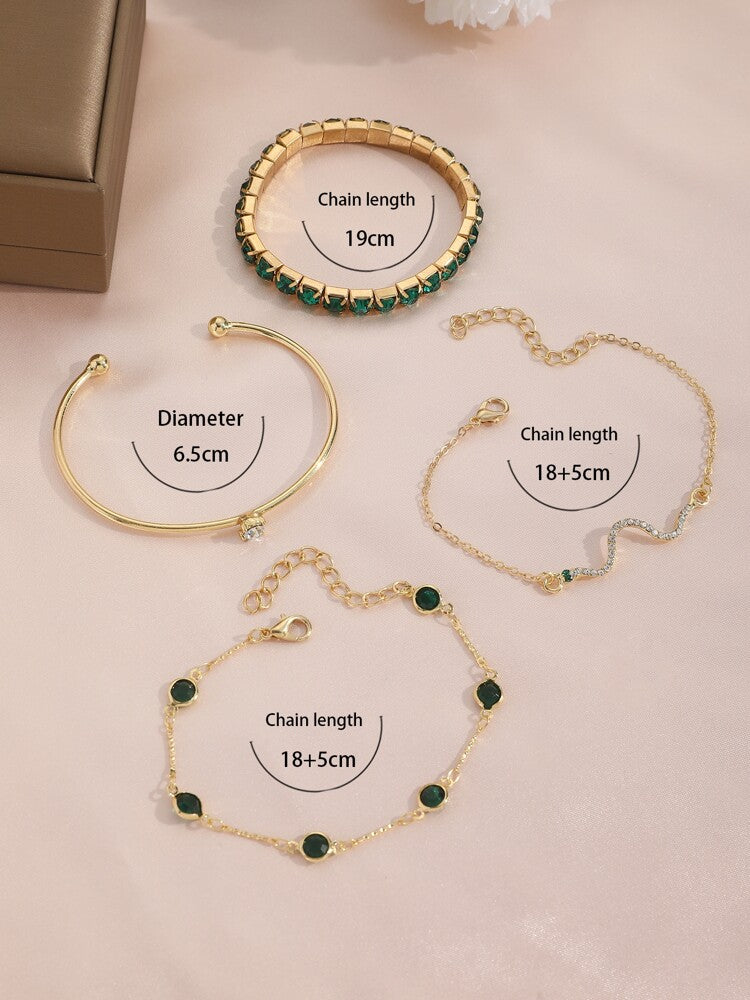 Rhinestone Snake Shaped Bracelet Set with 4pcs Green Chain Design & Varied Stones – Ideal for gifting, travel accessories, romantic occasions, casual style, or everyday use with elegant minimalist charm.