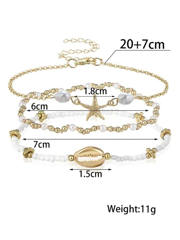 Beachy Metal Anklet Set with Starfish & Shell Beads for Women, Glass Summer Accessories – Ideal for gifting, travel accessories, romantic occasions, casual style, or everyday use with elegant minimalist charm.