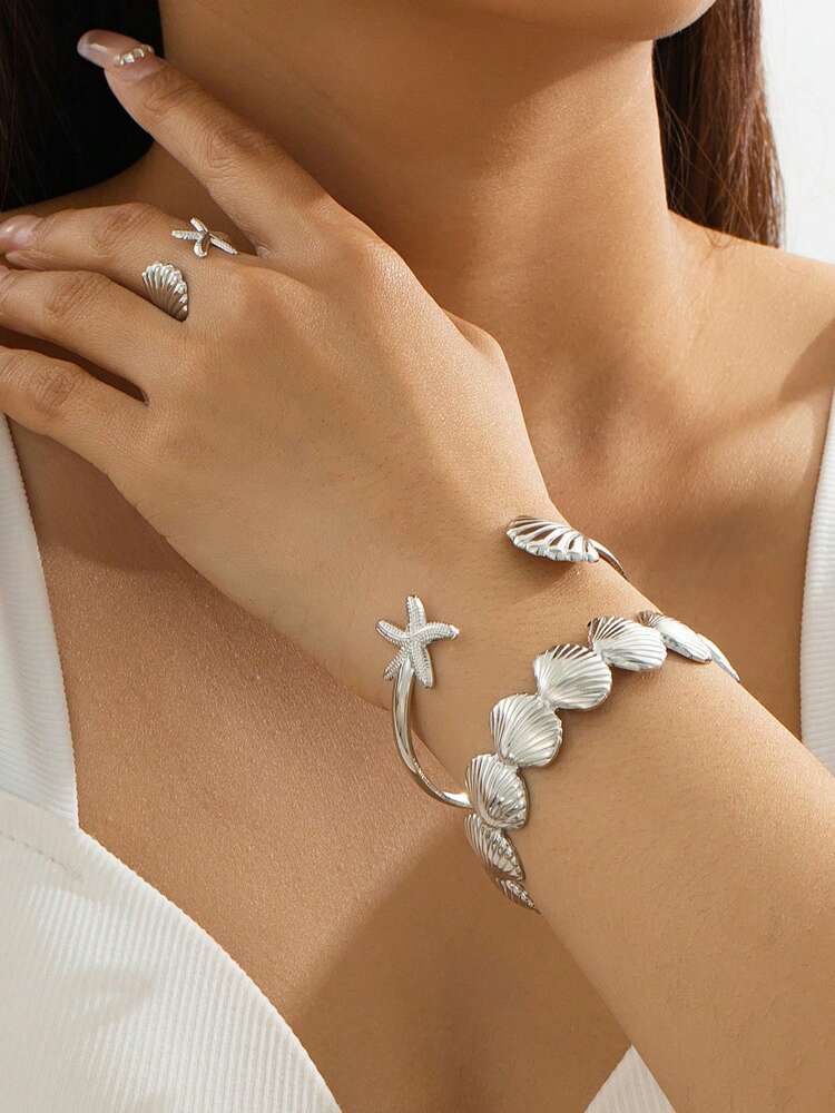Fashionable Ocean Style Starfish and Shell Bracelet & Ring Set for Women – Minimalist Adjustable Jewelry, Perfect Gift for Holidays, Beach Travel, Summer Outfits, and Casual Everyday Wear