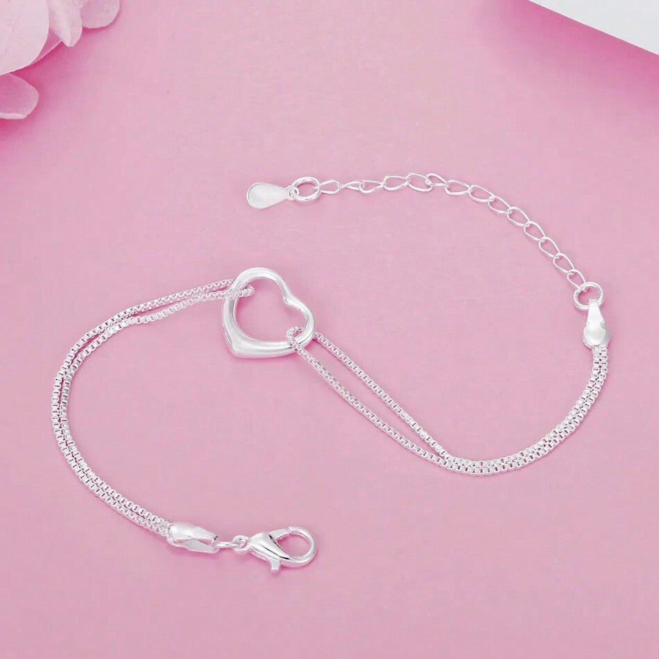 2pcs Elegant 925 Sterling Silver Heart Necklace and Bracelet Set for Women – Fashion Jewelry Gift for Thanksgiving, Weddings, Engagements, Parties, Anniversaries, and All-Season Everyday Wear