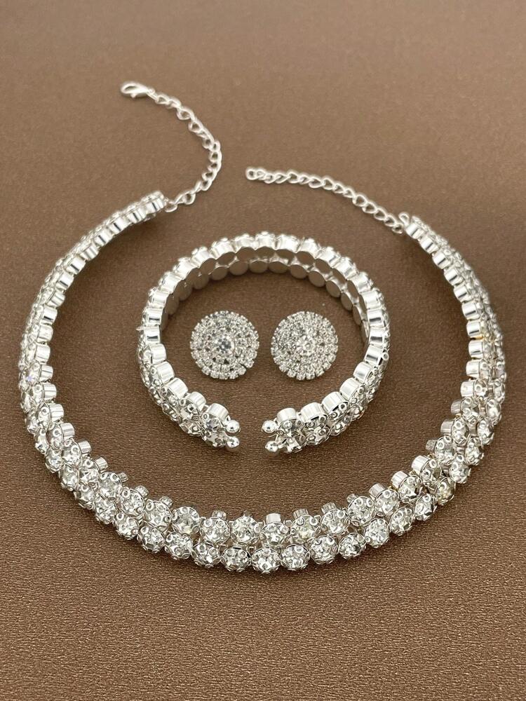 3pcs Bling Rhinestone Jewelry Set for Women – Multi-Layer Necklace, Earrings, Bracelet, and Choker Set, Perfect Bridal Wedding Accessory and Elegant Gift for Brides, Parties, and Special Occasions