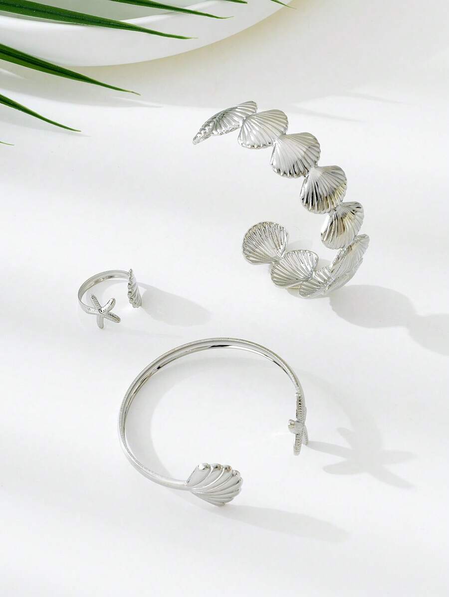Fashionable Ocean Style Starfish and Shell Bracelet & Ring Set for Women – Minimalist Adjustable Jewelry, Perfect Gift for Holidays, Beach Travel, Summer Outfits, and Casual Everyday Wear