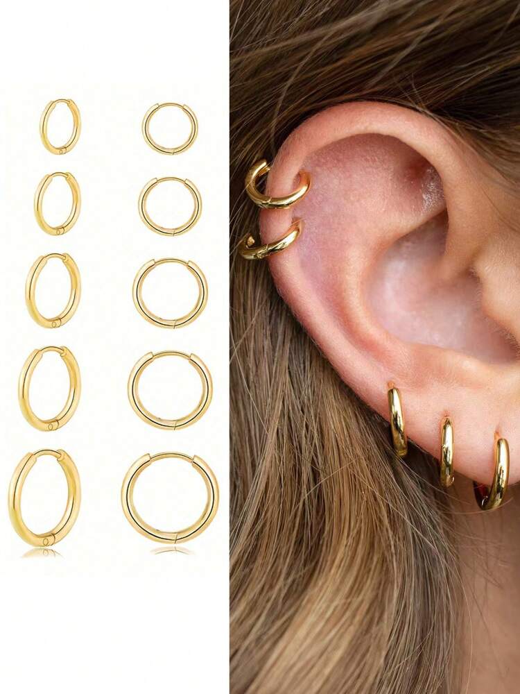 5 Pairs 14K Gold Plated Huggie Hoop Earrings for Women – Lightweight Stainless Steel, Hypoallergenic Small Thin Hinged Hoops Perfect for Lobe, Cartilage, Helix, and Multiple Piercings, Everyday Stylish Jewelry
