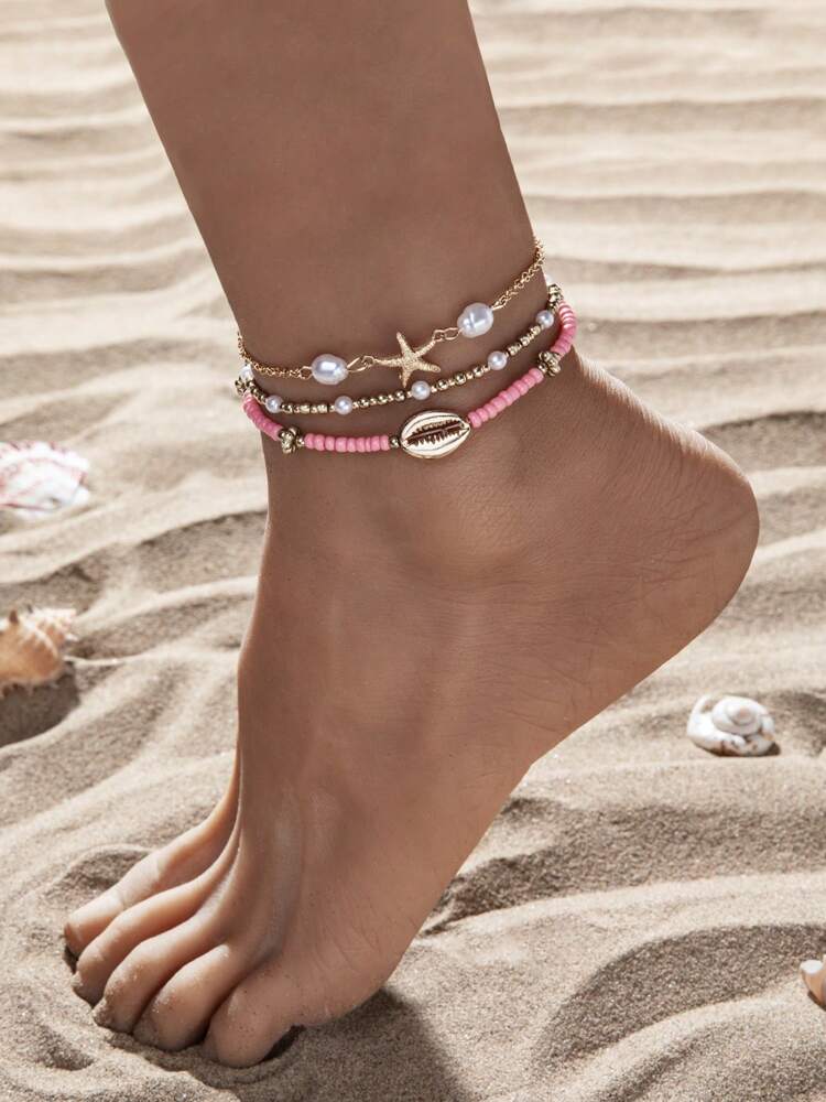 Beachy Metal Anklet Set with Starfish & Shell Beads for Women, Glass Summer Accessories – Ideal for gifting, travel accessories, romantic occasions, casual style, or everyday use with elegant minimalist charm.