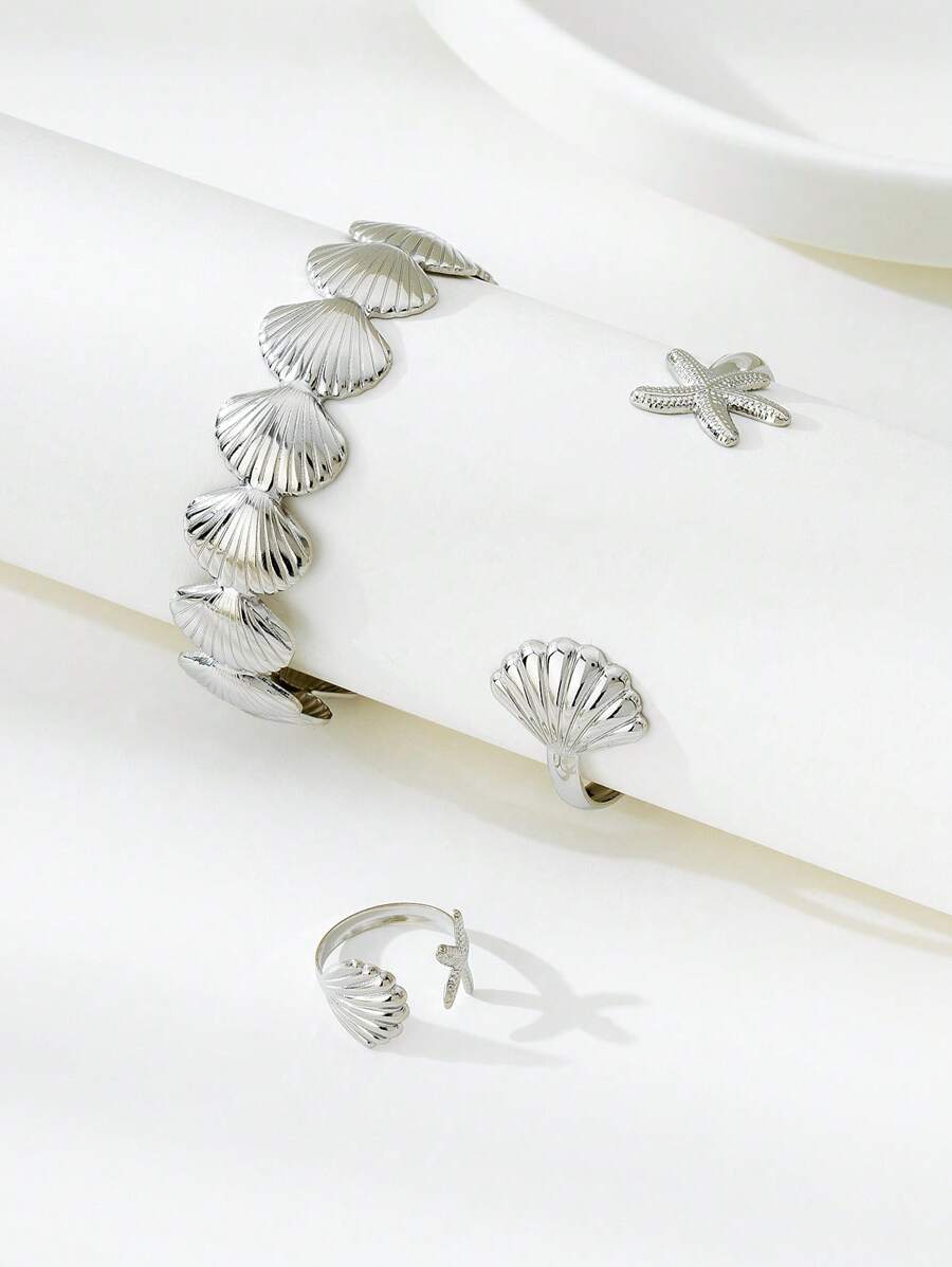 Fashionable Ocean Style Starfish and Shell Bracelet & Ring Set for Women – Minimalist Adjustable Jewelry, Perfect Gift for Holidays, Beach Travel, Summer Outfits, and Casual Everyday Wear