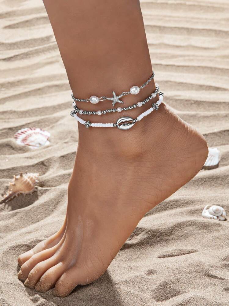 Beachy Metal Anklet Set with Starfish & Shell Beads for Women, Glass Summer Accessories – Ideal for gifting, travel accessories, romantic occasions, casual style, or everyday use with elegant minimalist charm.