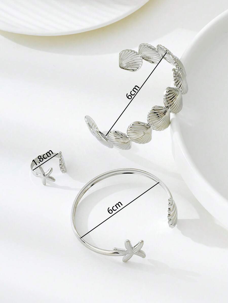 Fashionable Ocean Style Starfish and Shell Bracelet & Ring Set for Women – Minimalist Adjustable Jewelry, Perfect Gift for Holidays, Beach Travel, Summer Outfits, and Casual Everyday Wear