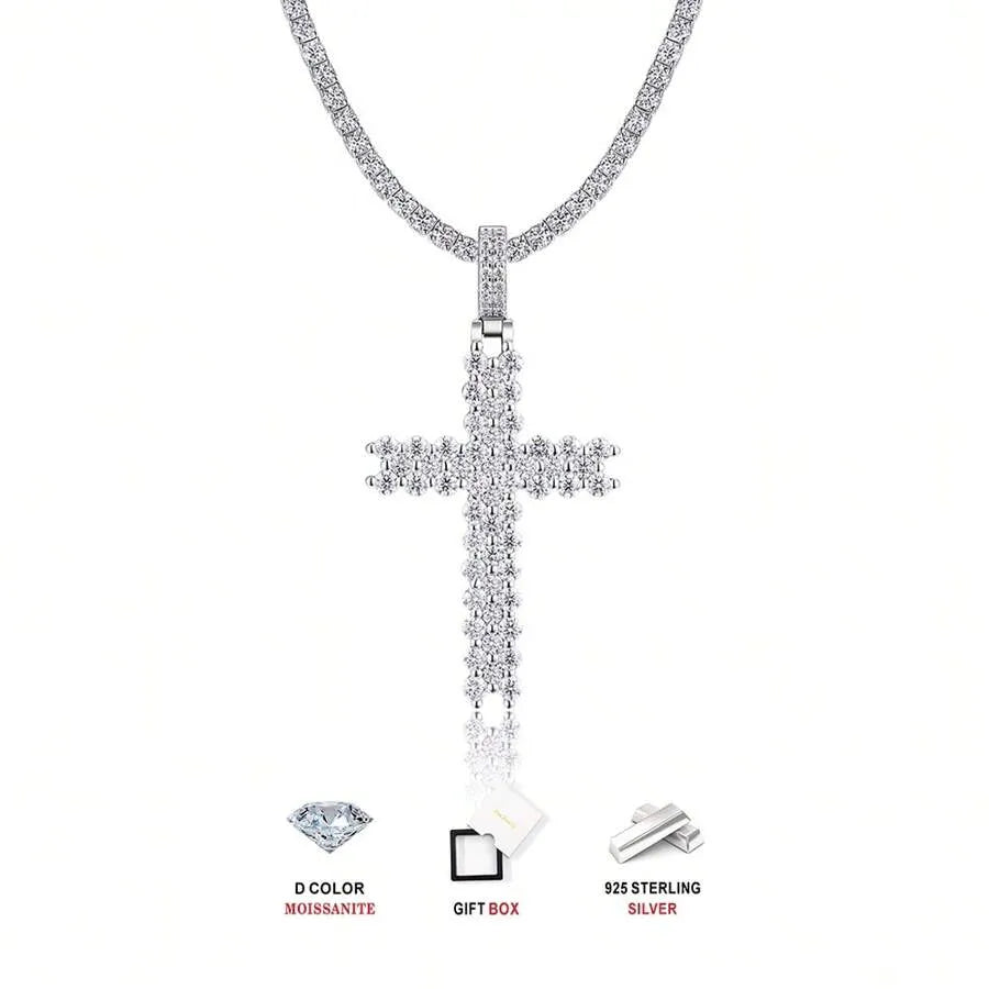 1pc Moissanite Cross Pendant Tennis Chain Necklace, Hiphop Style, 925 Silver Plated 18K Gold, Fully Paved Shiny, Low Allergy, Suitable For Daily & Party Occasions, Comes With GRA Certificate