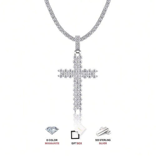 1pc Moissanite Cross Pendant Tennis Chain Necklace, Hiphop Style, 925 Silver Plated 18K Gold, Fully Paved Shiny, Low Allergy, Suitable For Daily & Party Occasions, Comes With GRA Certificate