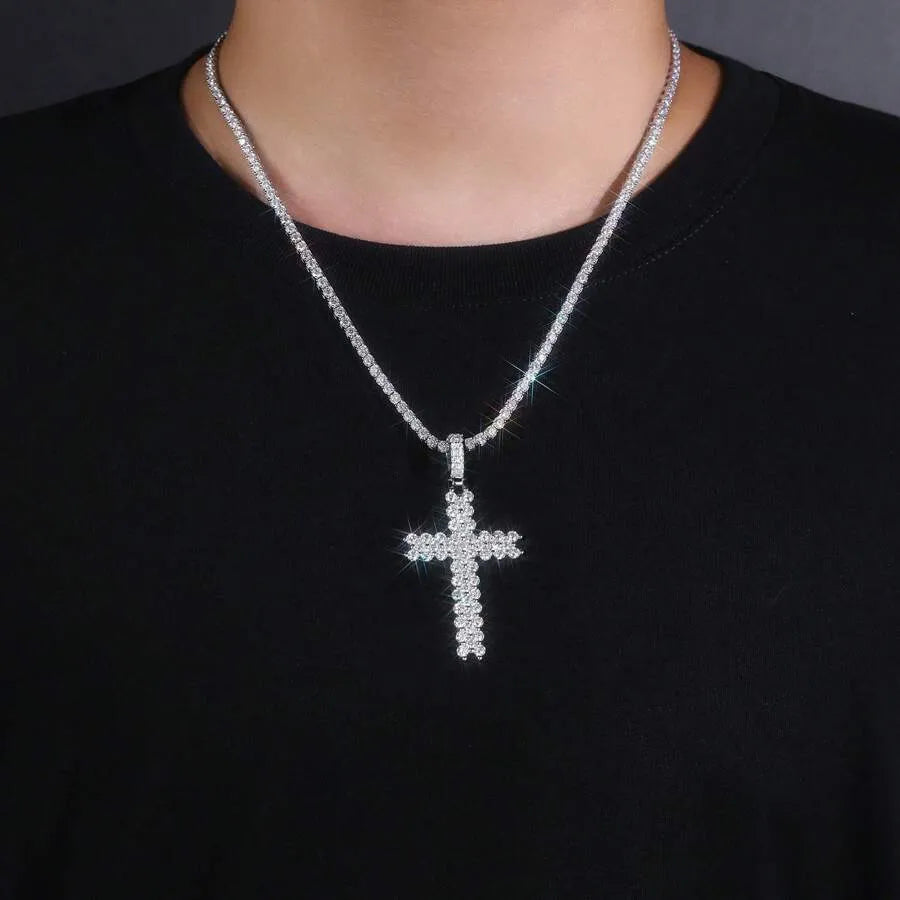 1pc Moissanite Cross Pendant Tennis Chain Necklace, Hiphop Style, 925 Silver Plated 18K Gold, Fully Paved Shiny, Low Allergy, Suitable For Daily & Party Occasions, Comes With GRA Certificate