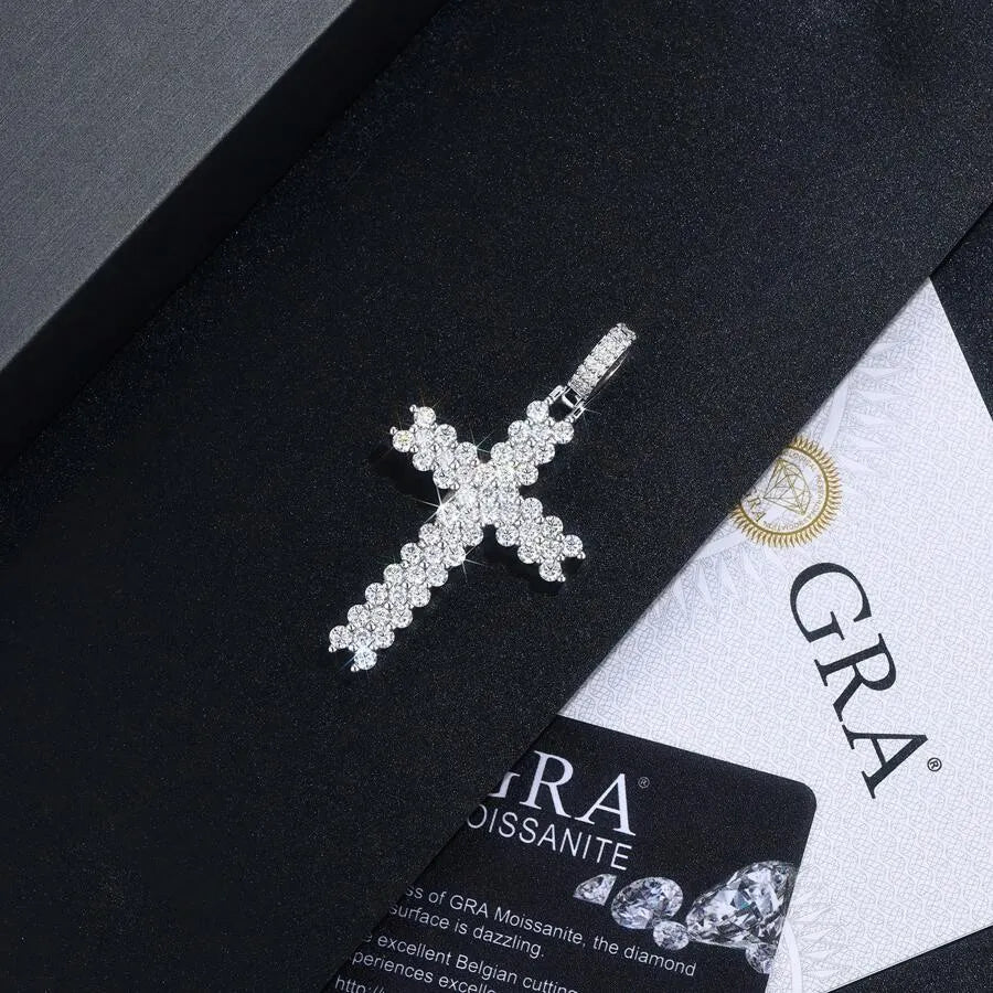 1pc Moissanite Cross Pendant Tennis Chain Necklace, Hiphop Style, 925 Silver Plated 18K Gold, Fully Paved Shiny, Low Allergy, Suitable For Daily & Party Occasions, Comes With GRA Certificate