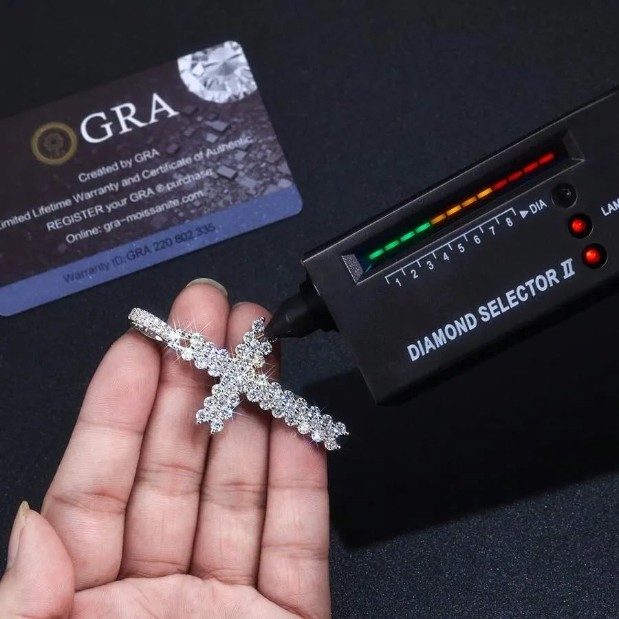 1pc Moissanite Cross Pendant Tennis Chain Necklace, Hiphop Style, 925 Silver Plated 18K Gold, Fully Paved Shiny, Low Allergy, Suitable For Daily & Party Occasions, Comes With GRA Certificate