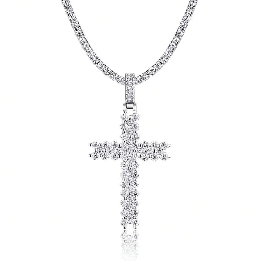1pc Moissanite Cross Pendant Tennis Chain Necklace, Hiphop Style, 925 Silver Plated 18K Gold, Fully Paved Shiny, Low Allergy, Suitable For Daily & Party Occasions, Comes With GRA Certificate