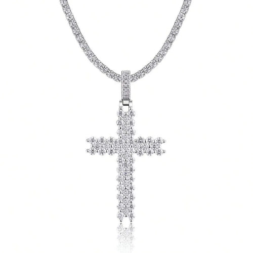 1pc Moissanite Cross Pendant Tennis Chain Necklace, Hiphop Style, 925 Silver Plated 18K Gold, Fully Paved Shiny, Low Allergy, Suitable For Daily & Party Occasions, Comes With GRA Certificate