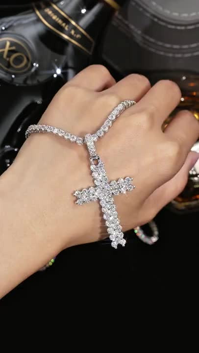 1pc Moissanite Cross Pendant Tennis Chain Necklace, Hiphop Style, 925 Silver Plated 18K Gold, Fully Paved Shiny, Low Allergy, Suitable For Daily & Party Occasions, Comes With GRA Certificate